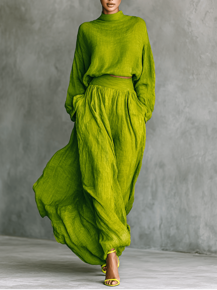 Conjunto verde con top de cuello alto y falda maxi