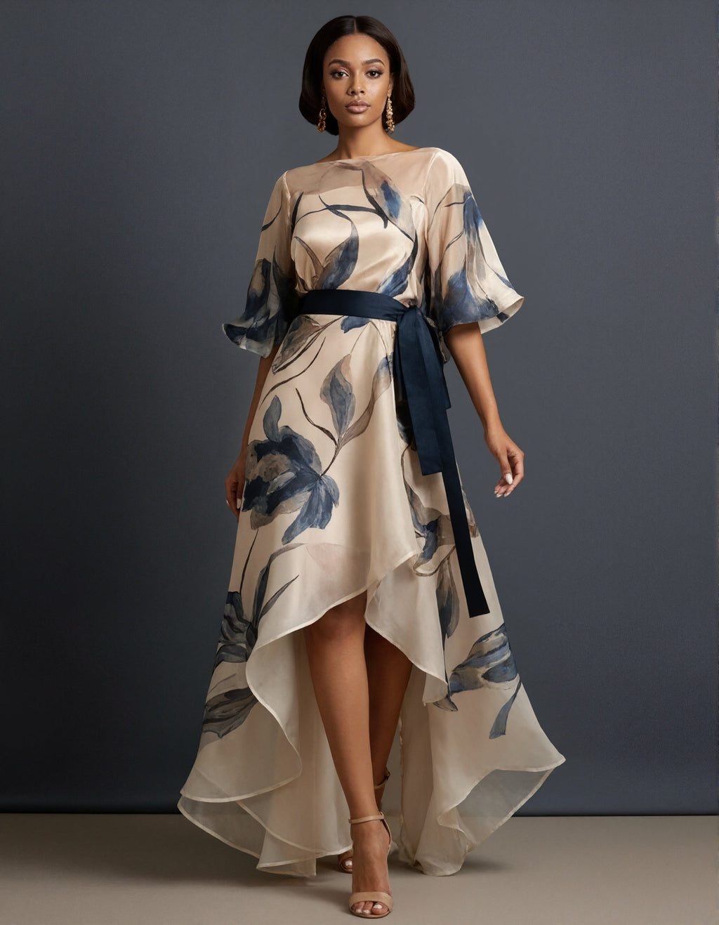 Vestido largo de organza con estampado floral azul marino