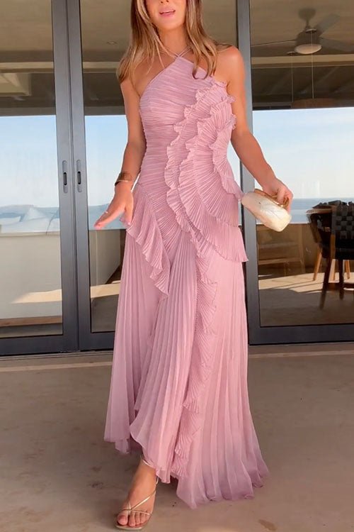Vestido largo plisado halter con volantes