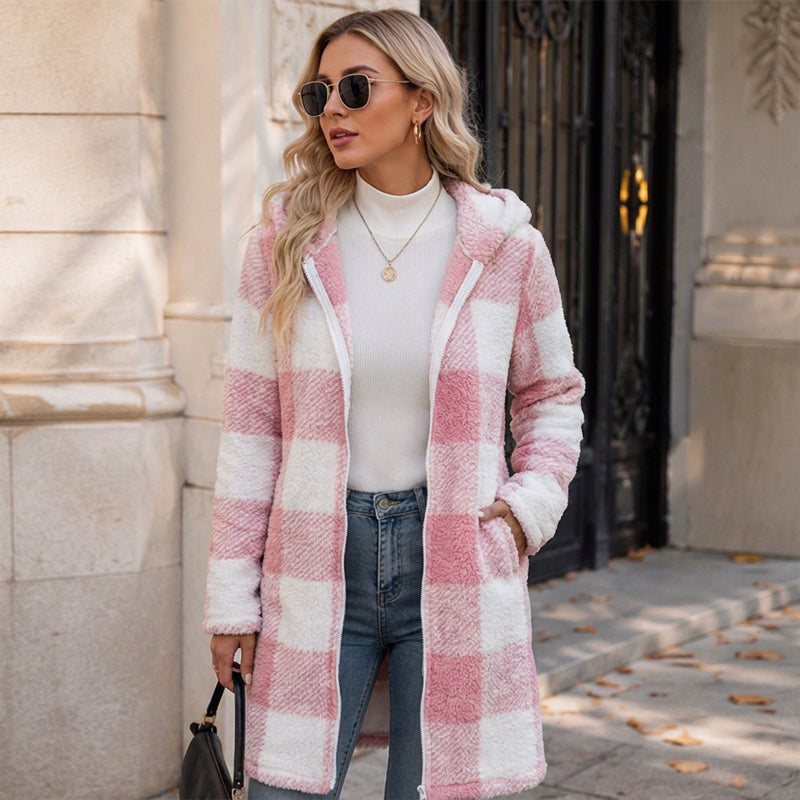 Chaqueta de cuadros con capucha y cremallera para mujer