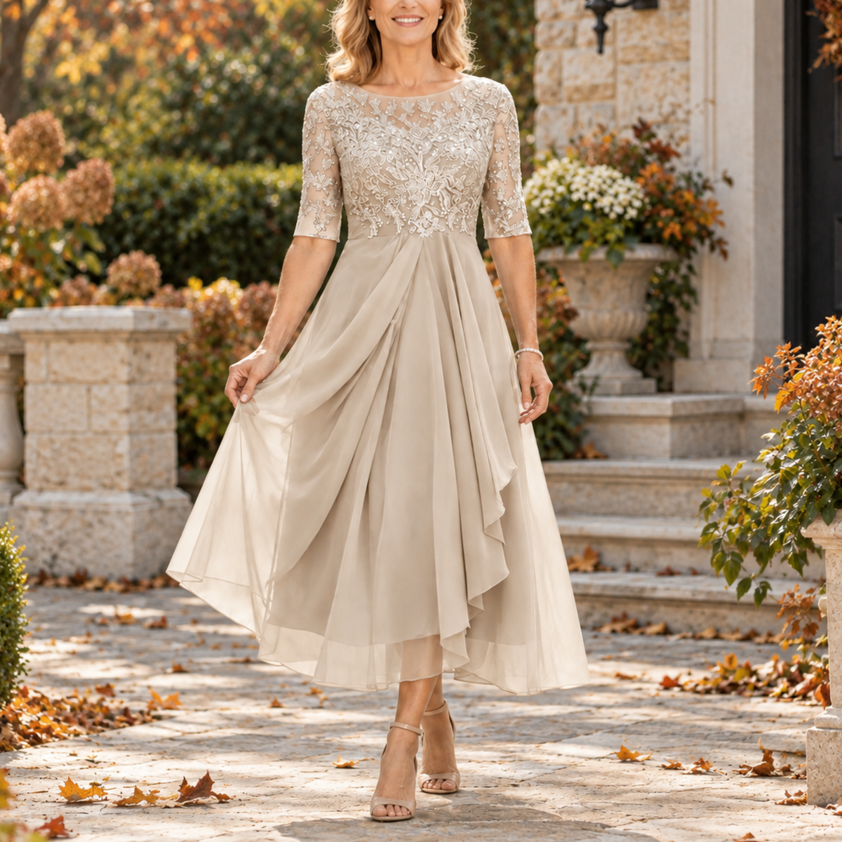 Bianca vestido midi champán dorado con cuerpo de encaje