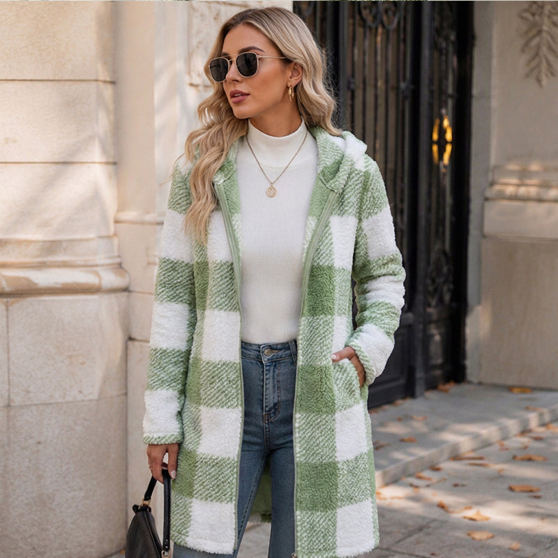 Chaqueta de cuadros con capucha y cremallera para mujer