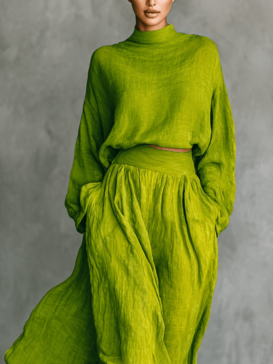 Conjunto verde con top de cuello alto y falda maxi