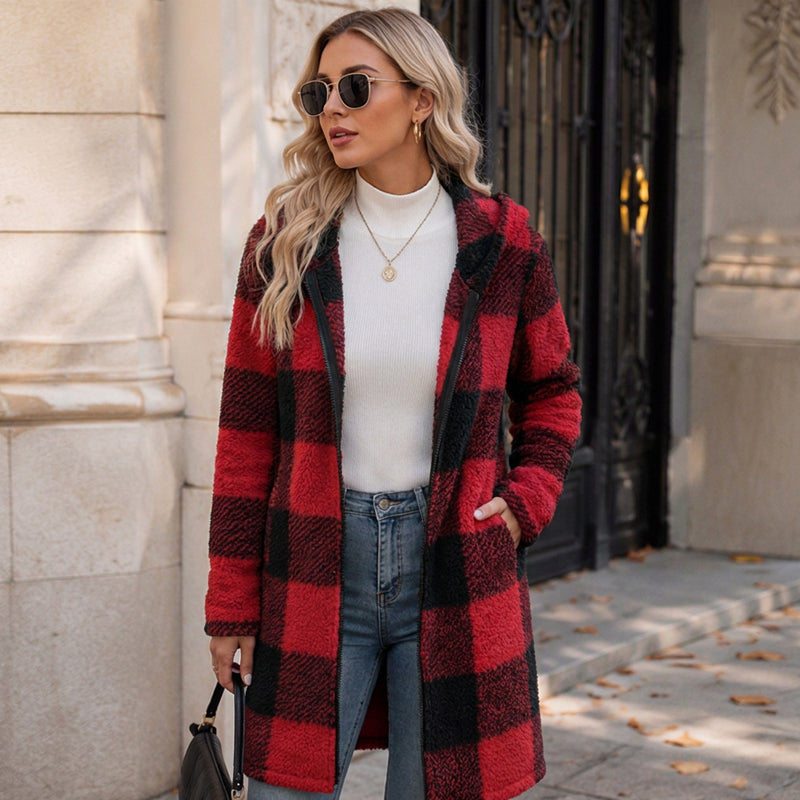 Chaqueta de cuadros con capucha y cremallera para mujer