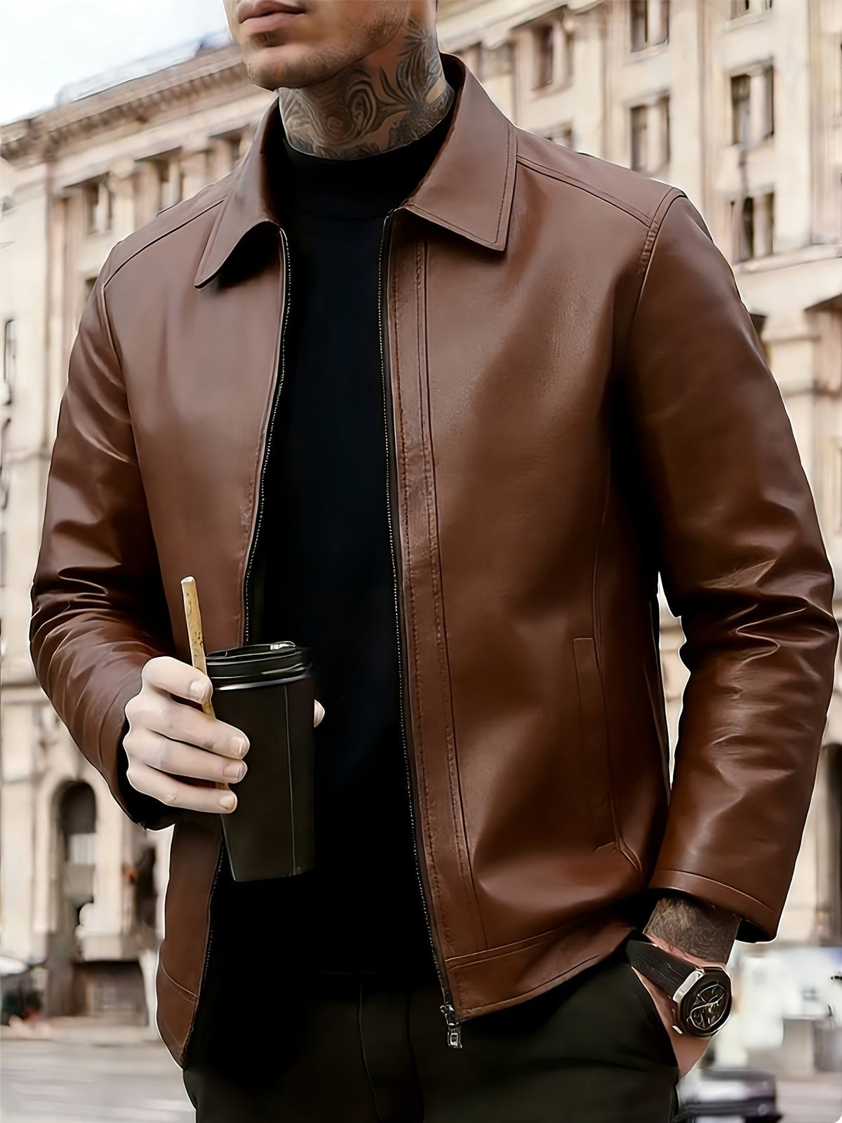 Chaqueta clásica de efecto piel con cremallera