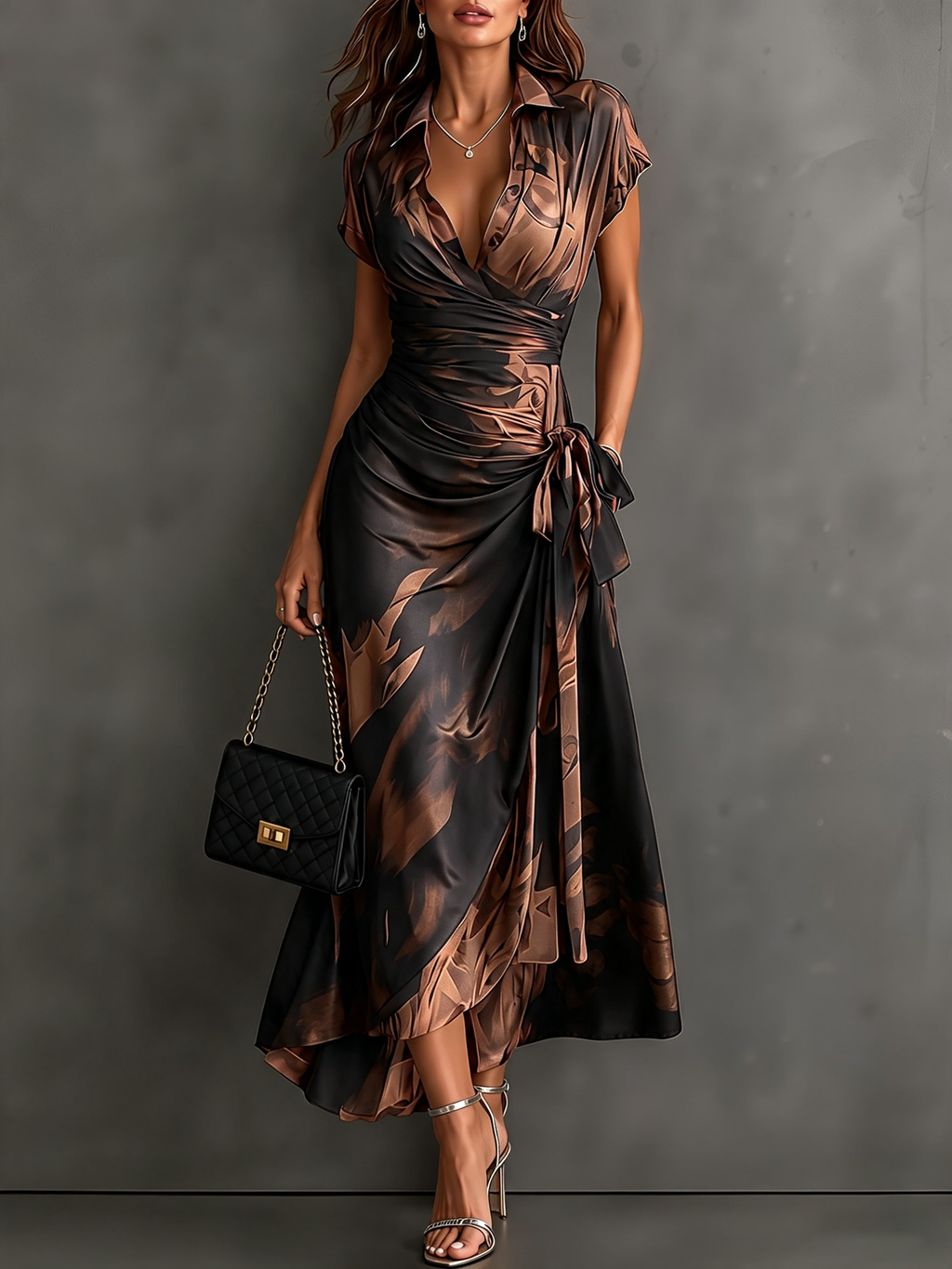 Vestido midi cruzado Francesca marrón con estampado abstracto