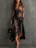 Vestido midi cruzado Francesca marrón con estampado abstracto