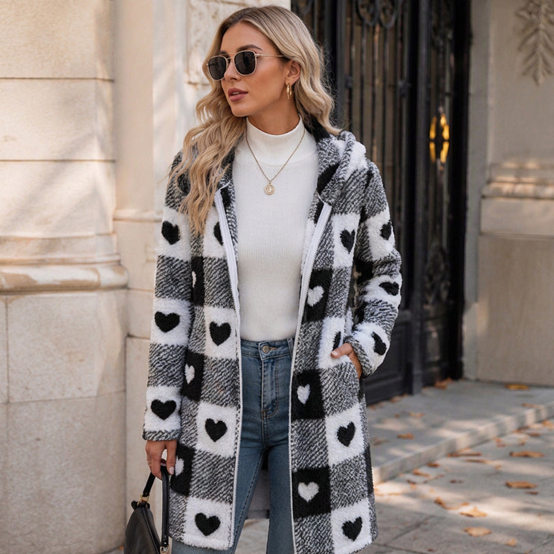 Chaqueta de cuadros con capucha y cremallera para mujer
