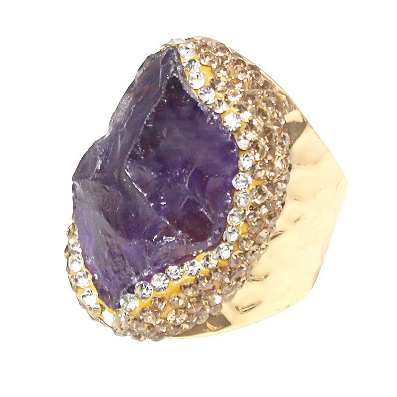 Anillo de cristal natural en bruto con brillantes