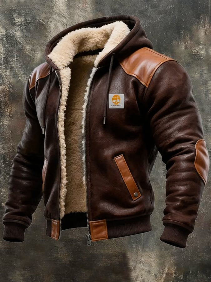 Chaqueta vintage de ante y piel con capucha