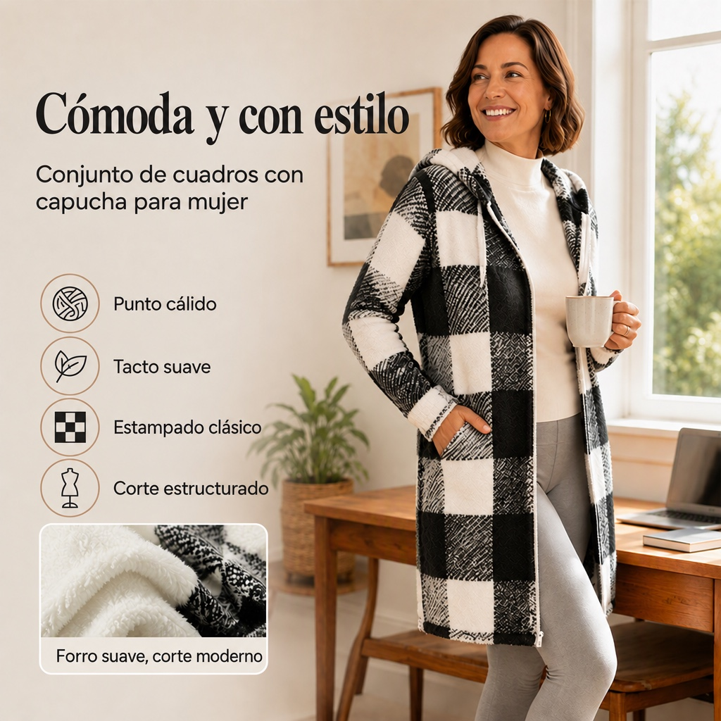 Chaqueta de cuadros con capucha y cremallera para mujer