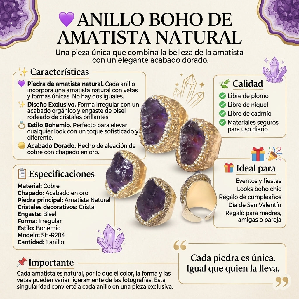 Anillo de cristal natural en bruto con brillantes