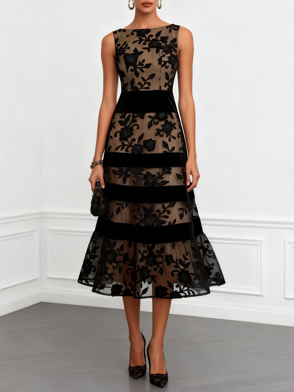 Vestido midi negro de malla floral