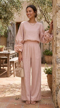 Rosa | Conjunto de top con puños de flores y pantalón ancho