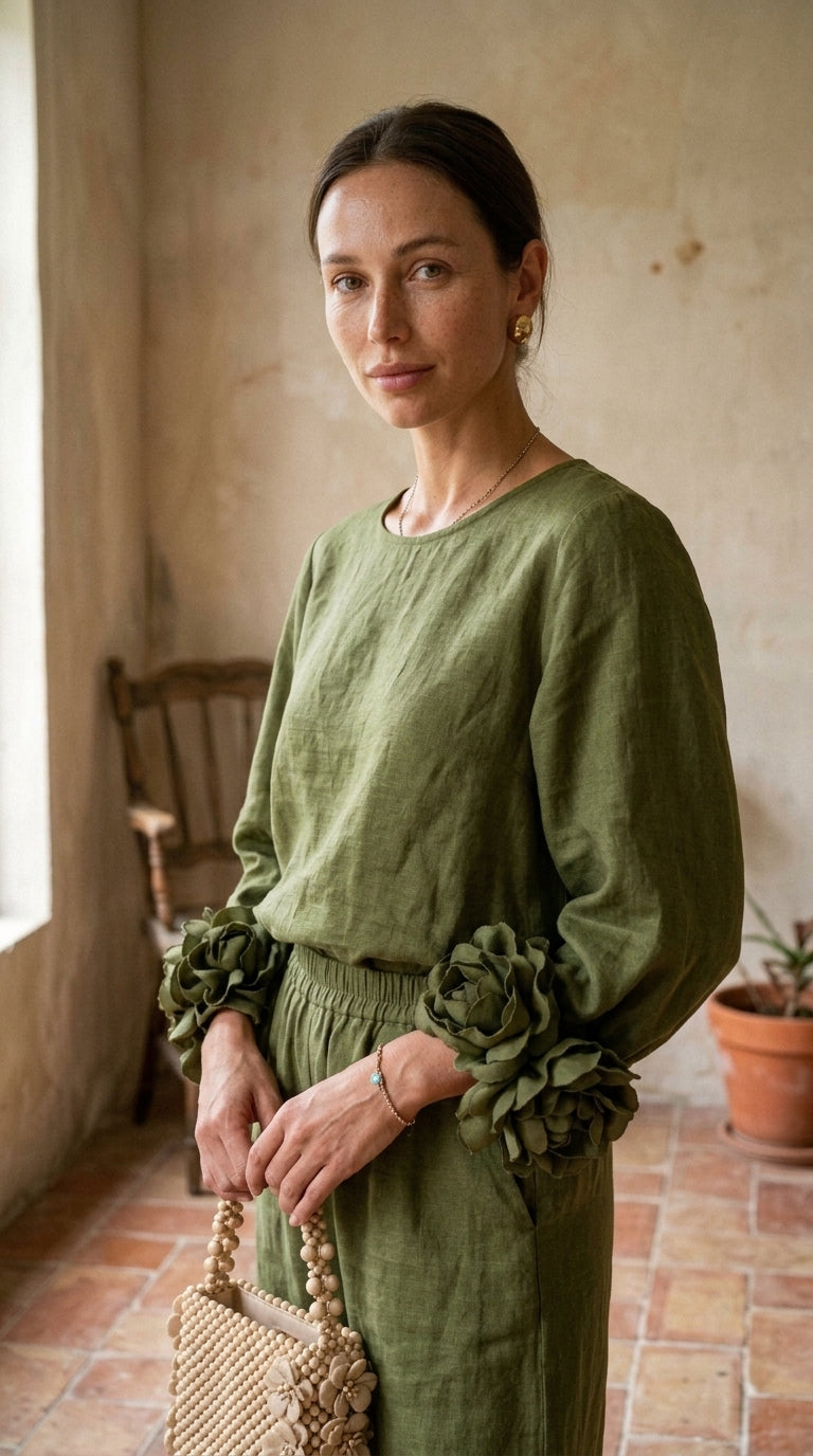 Rosa | Conjunto de top con puños de flores y pantalón ancho