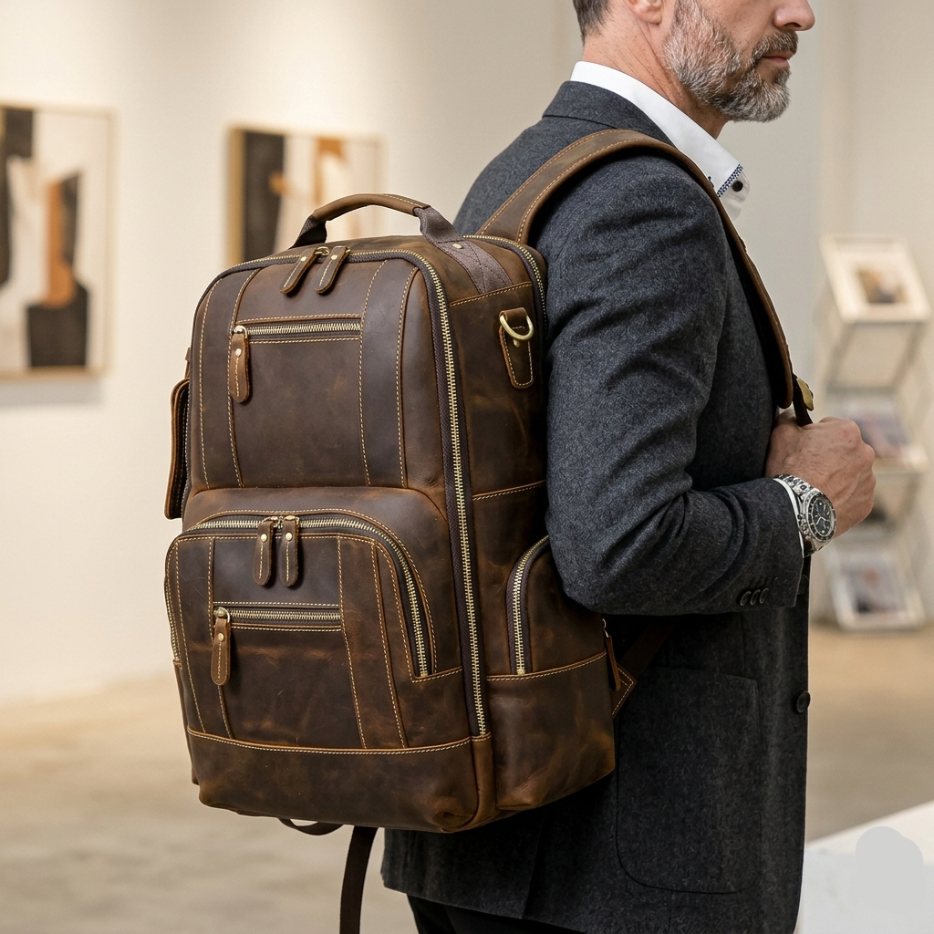 Mochila de viaje vintage de piel de vacuno