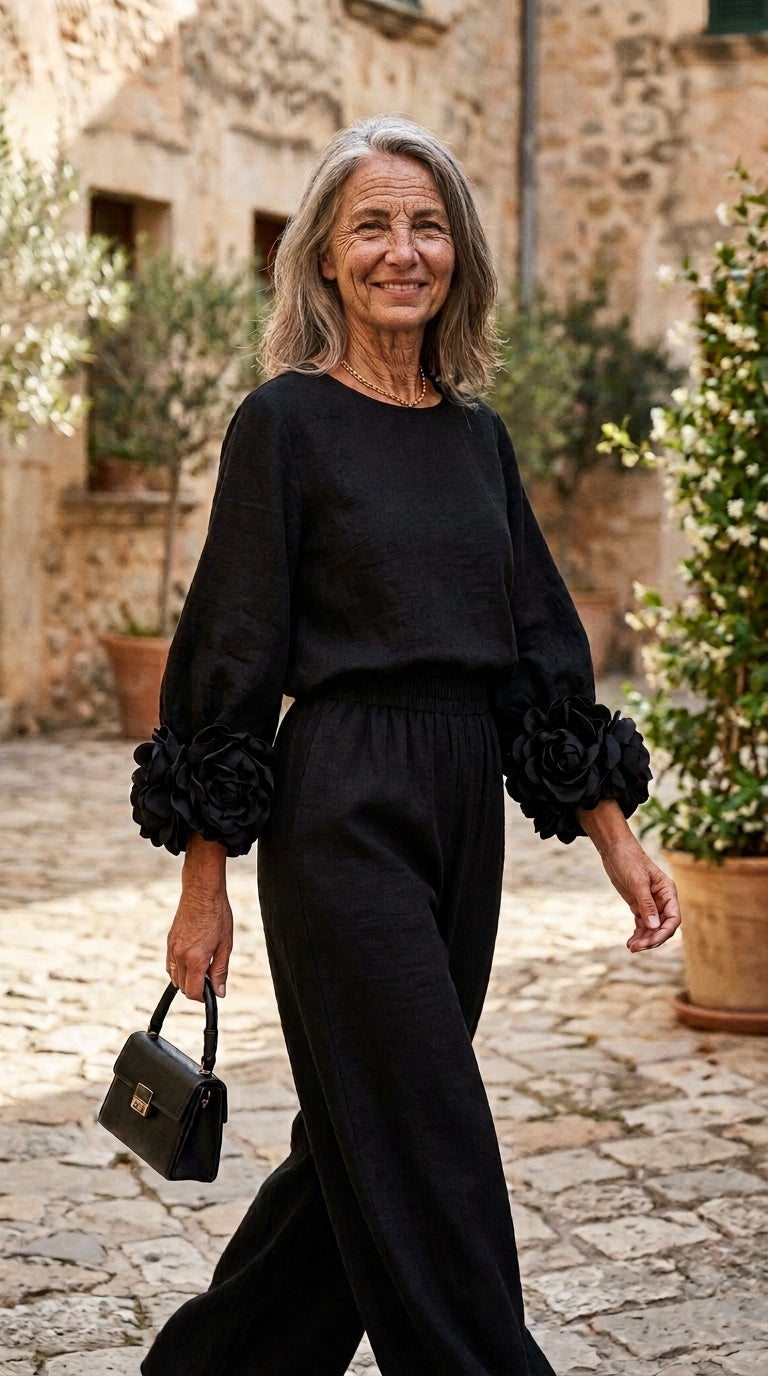 Rosa | Conjunto de top con puños de flores y pantalón ancho