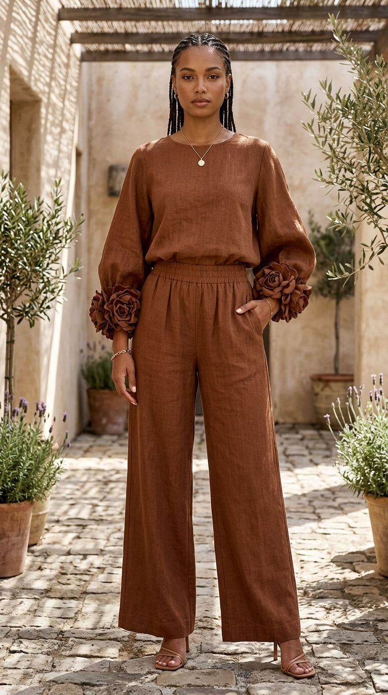 Rosa | Conjunto de top con puños de flores y pantalón ancho