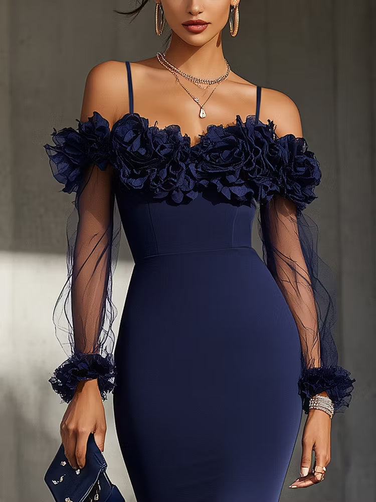 Vestido midi entallado con hombros descubiertos y flores 3D