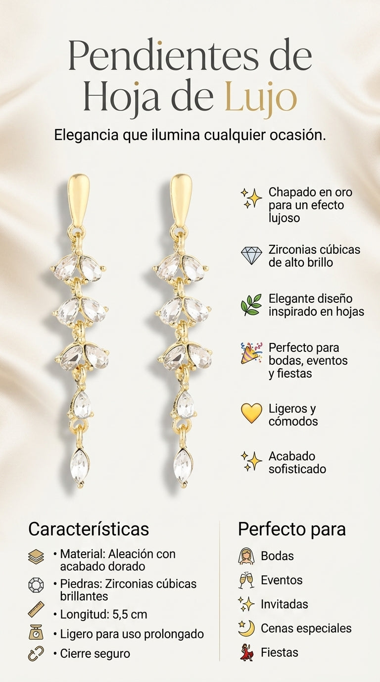 Pendientes hoja dorados con circonitas · Baño de oro 18K