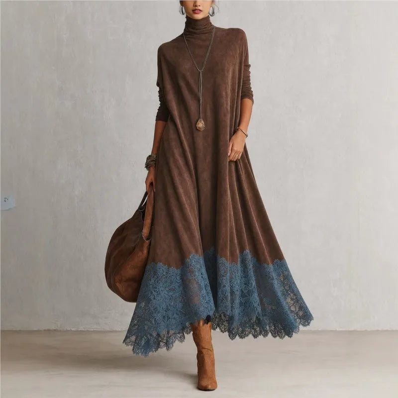 Valeria | Vestido largo efecto ante con bajo de encaje Café