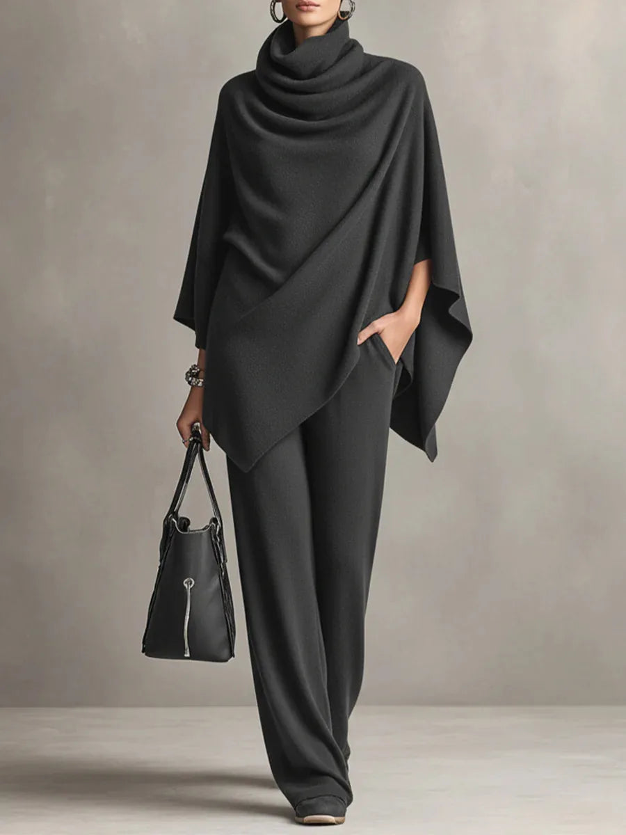 Inés | Conjunto de capa con cuello vuelto y pantalón ancho Gris carbón