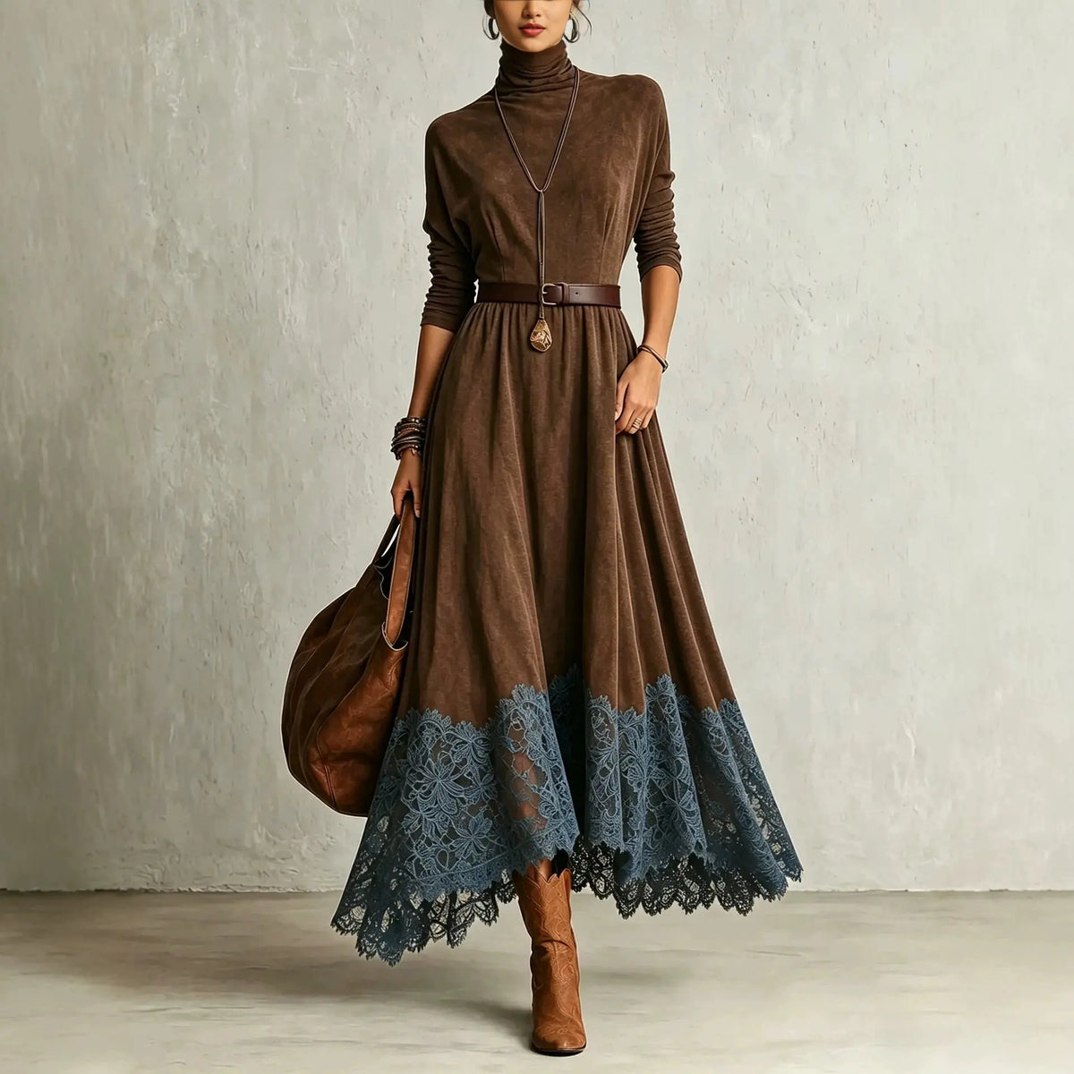 Valeria | Vestido largo efecto ante con bajo de encaje Café