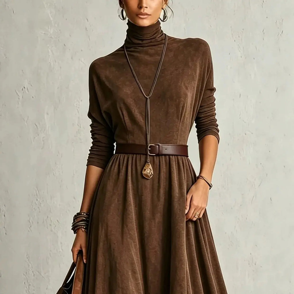 Valeria | Vestido largo efecto ante con bajo de encaje Café
