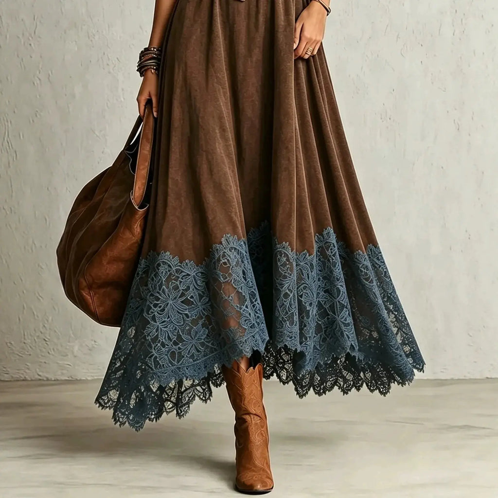 Valeria | Vestido largo efecto ante con bajo de encaje Café