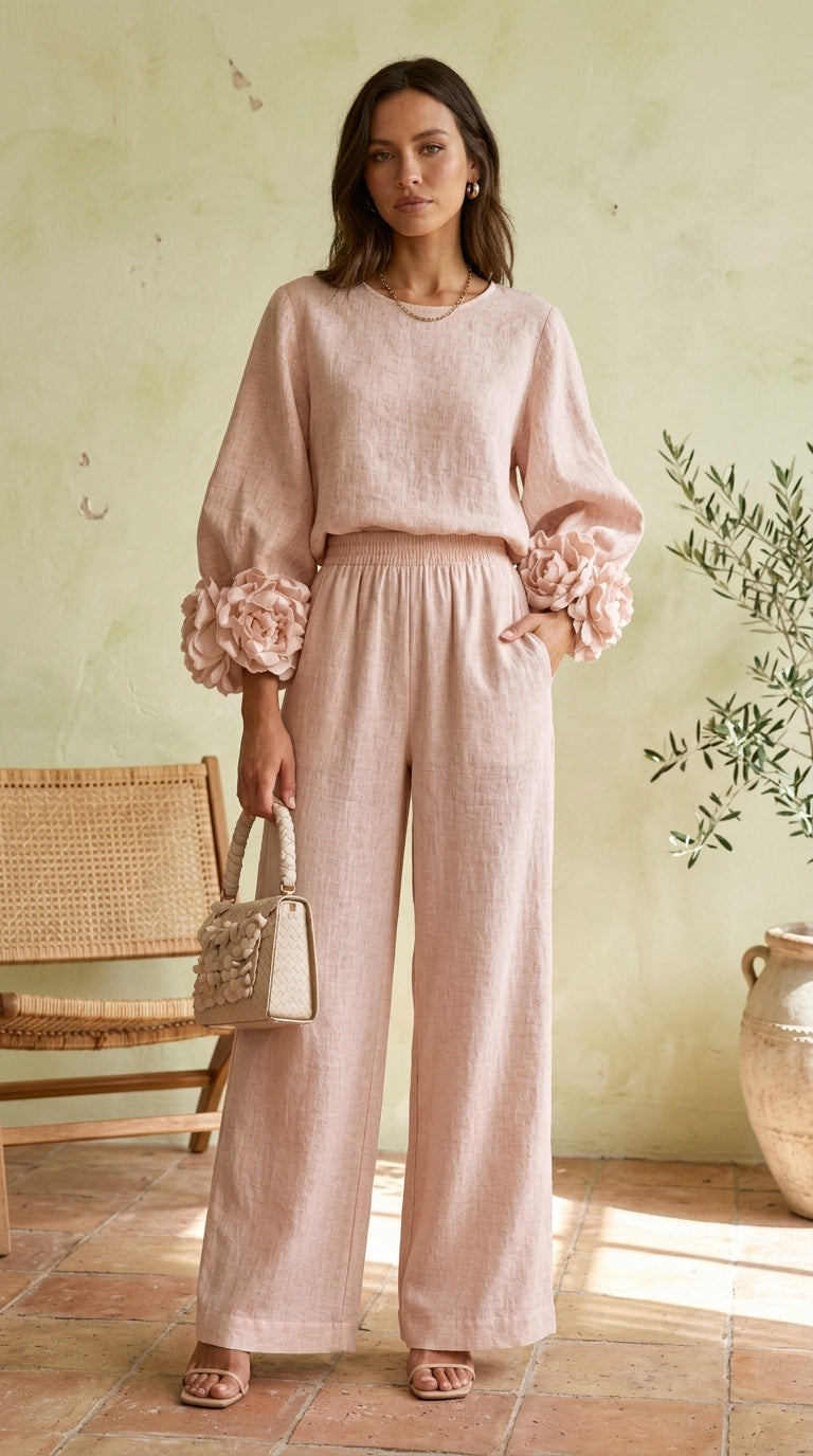 Rosa | Conjunto de top con puños de flores y pantalón ancho