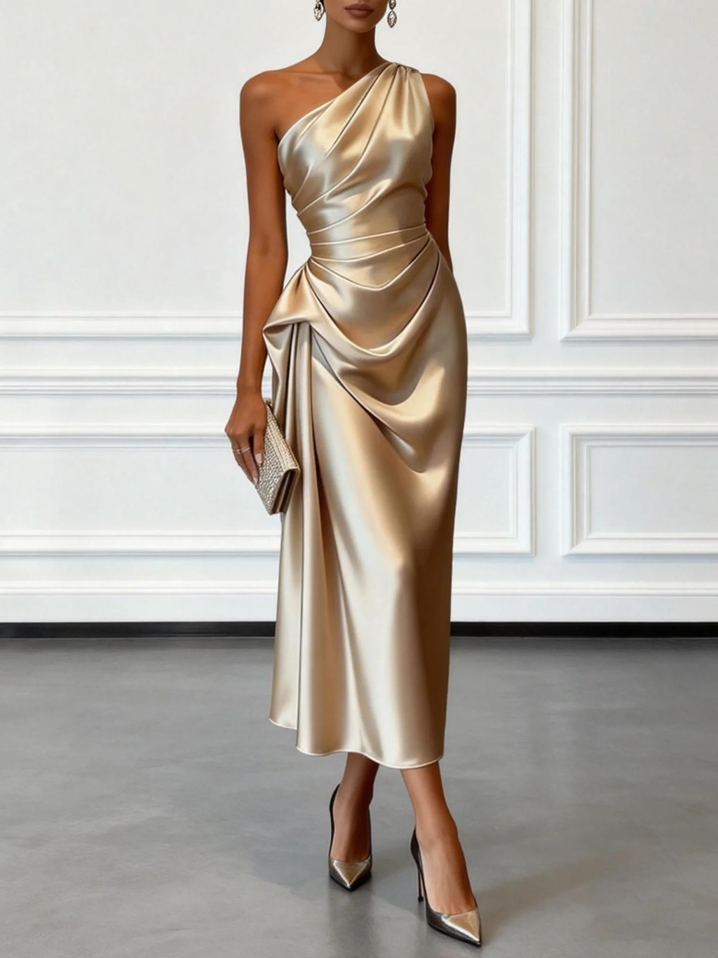 Vestido midi champán de satén con volantes y un hombro