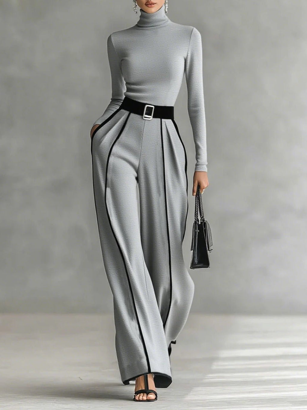 Conjunto gris de top con ribete y pantalón ancho con cinturón