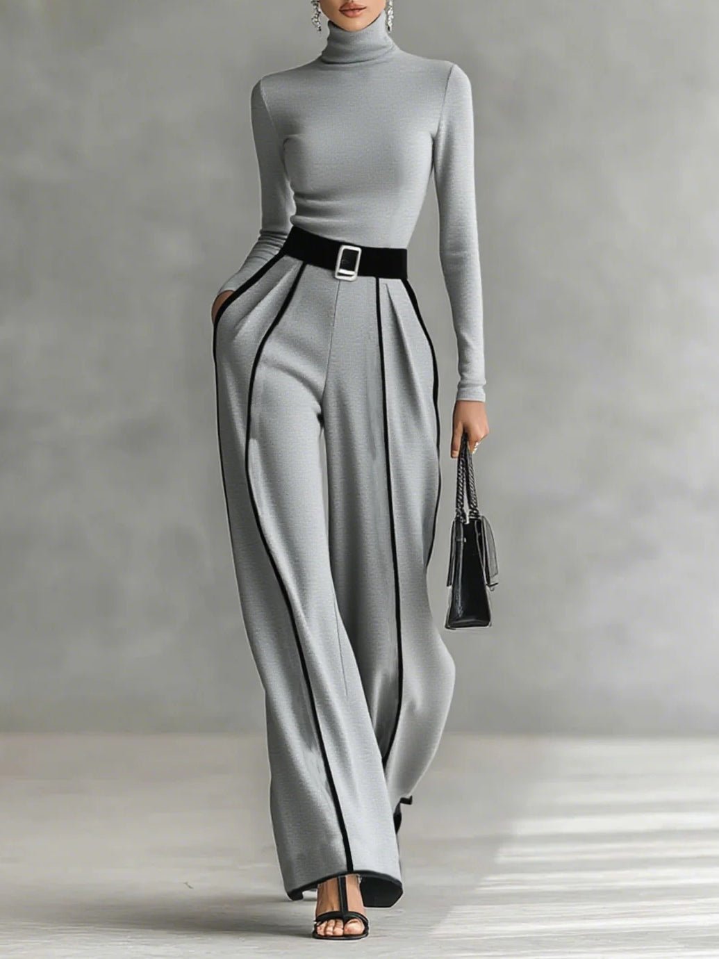 Conjunto gris de top con ribete y pantalón ancho con cinturón