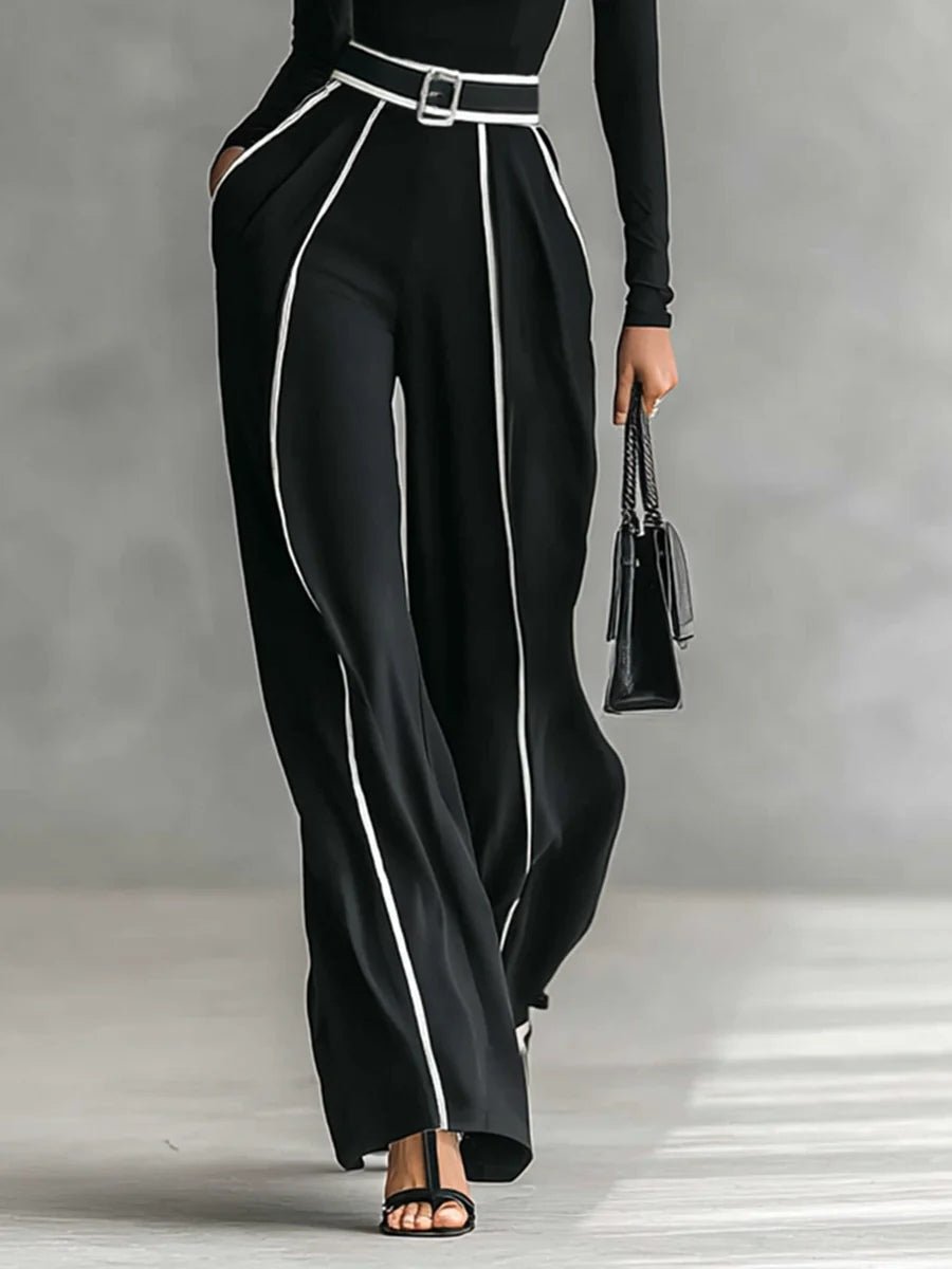 Conjunto de top con ribete blanco y pantalón ancho con cinturón