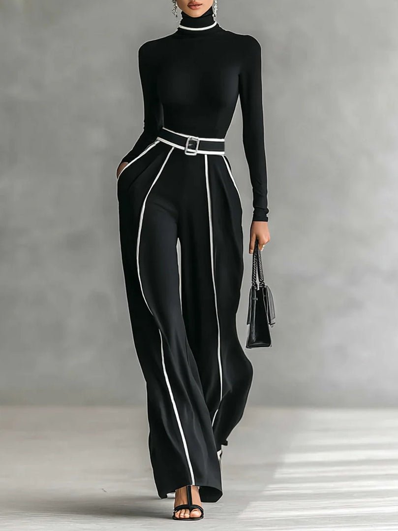 Conjunto de top con ribete blanco y pantalón ancho con cinturón