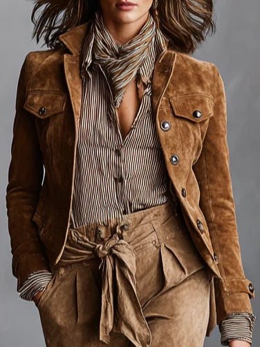 Chaqueta corta de ante marrón con cuello solapa