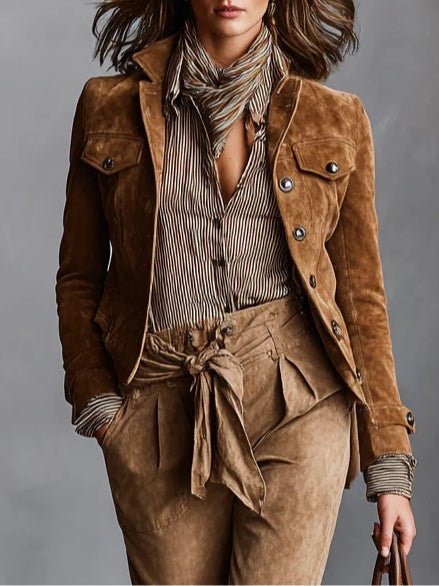 Chaqueta corta de ante marrón con cuello solapa