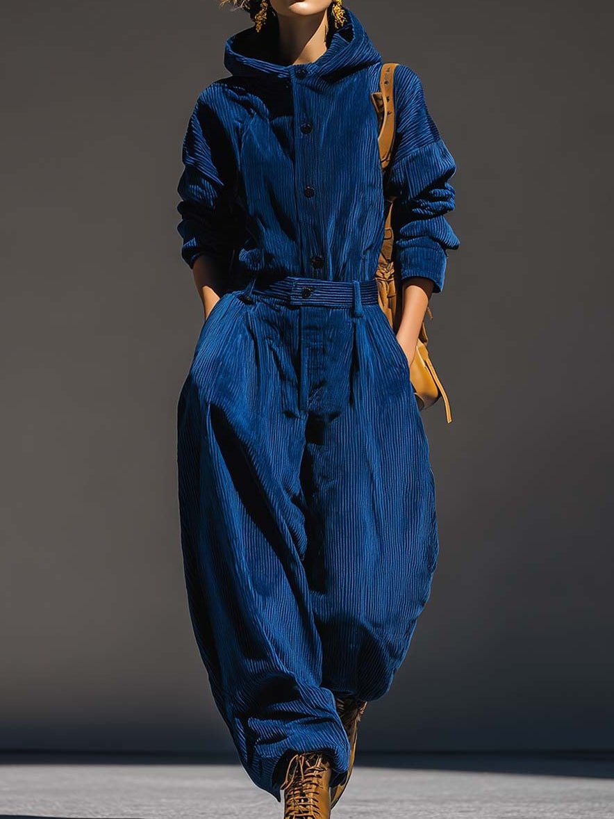 Conjunto azul de pana con capucha y pantalón ancho