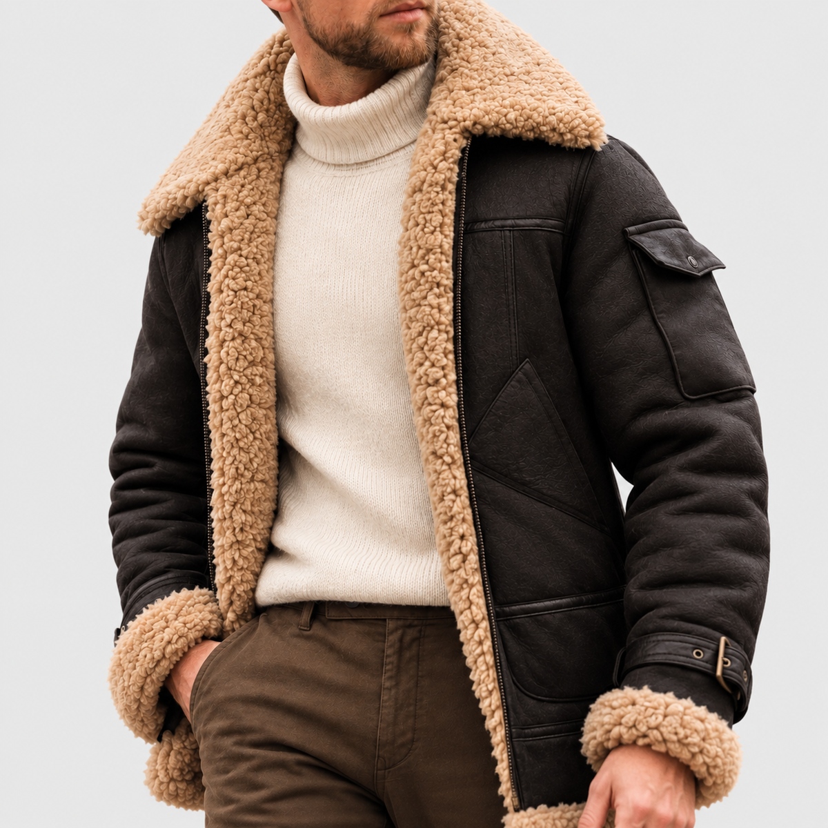Chaqueta aviador de ante con cuello de borrego
