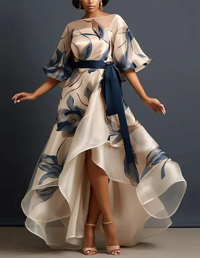 Vestido largo de organza con estampado floral azul marino