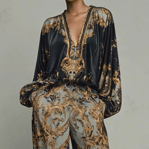 Conjunto retro con estampado barroco y escote en V