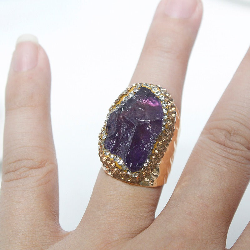 Anillo de cristal natural en bruto con brillantes