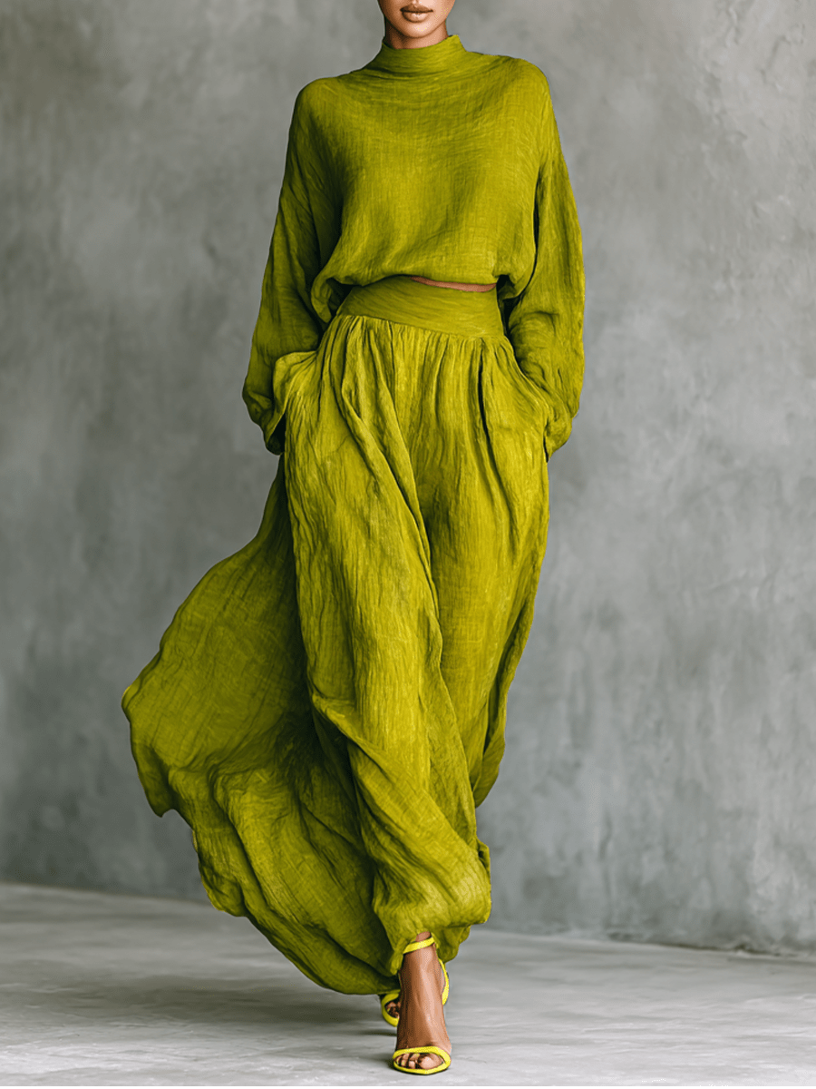 Conjunto verde con top de cuello alto y falda maxi