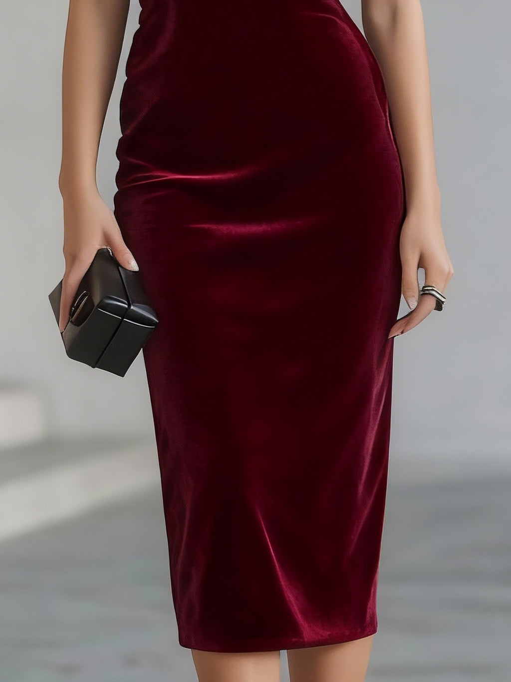 Vestido midi de terciopelo burdeos con lazo