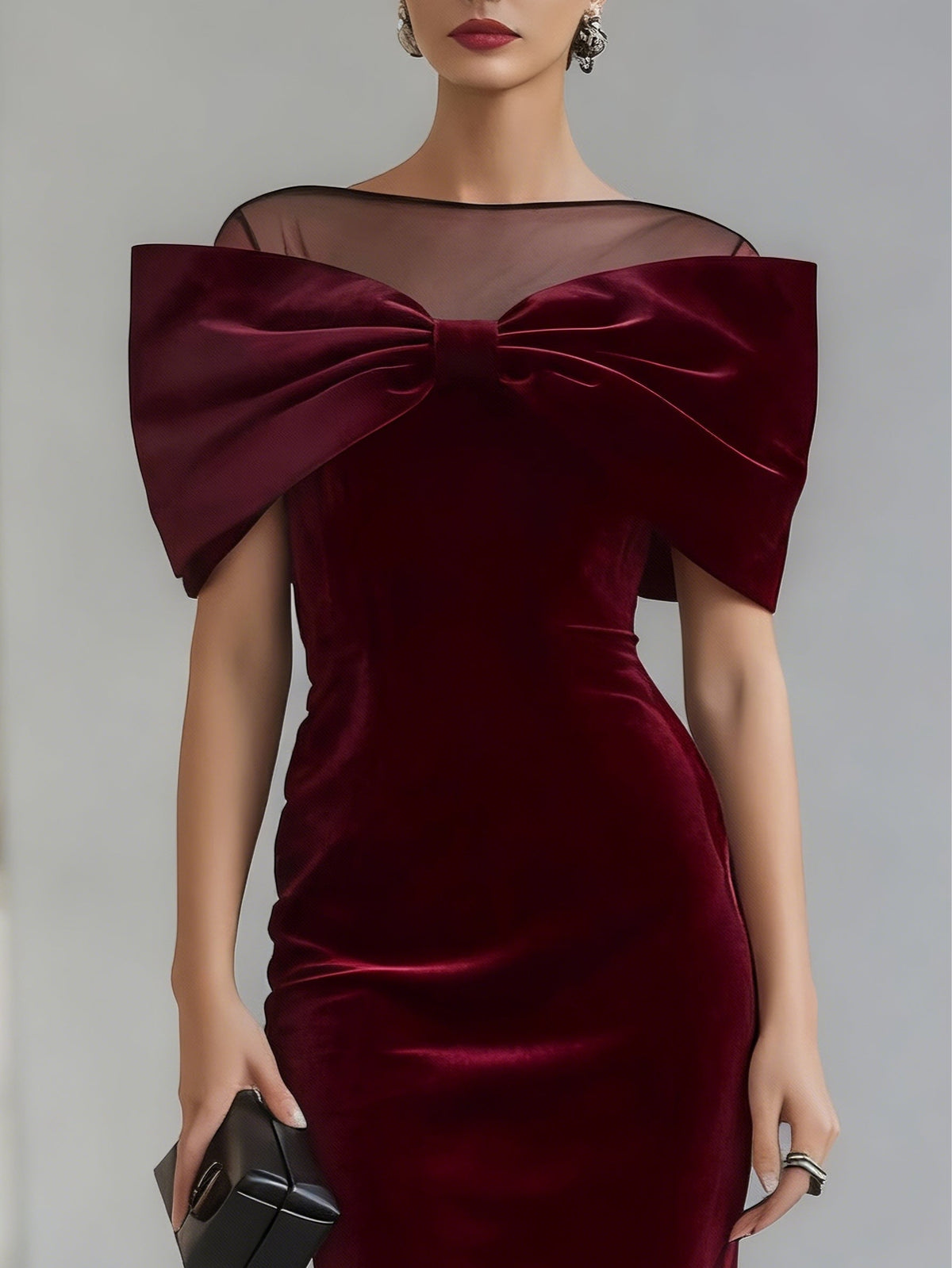 Vestido midi de terciopelo burdeos con lazo