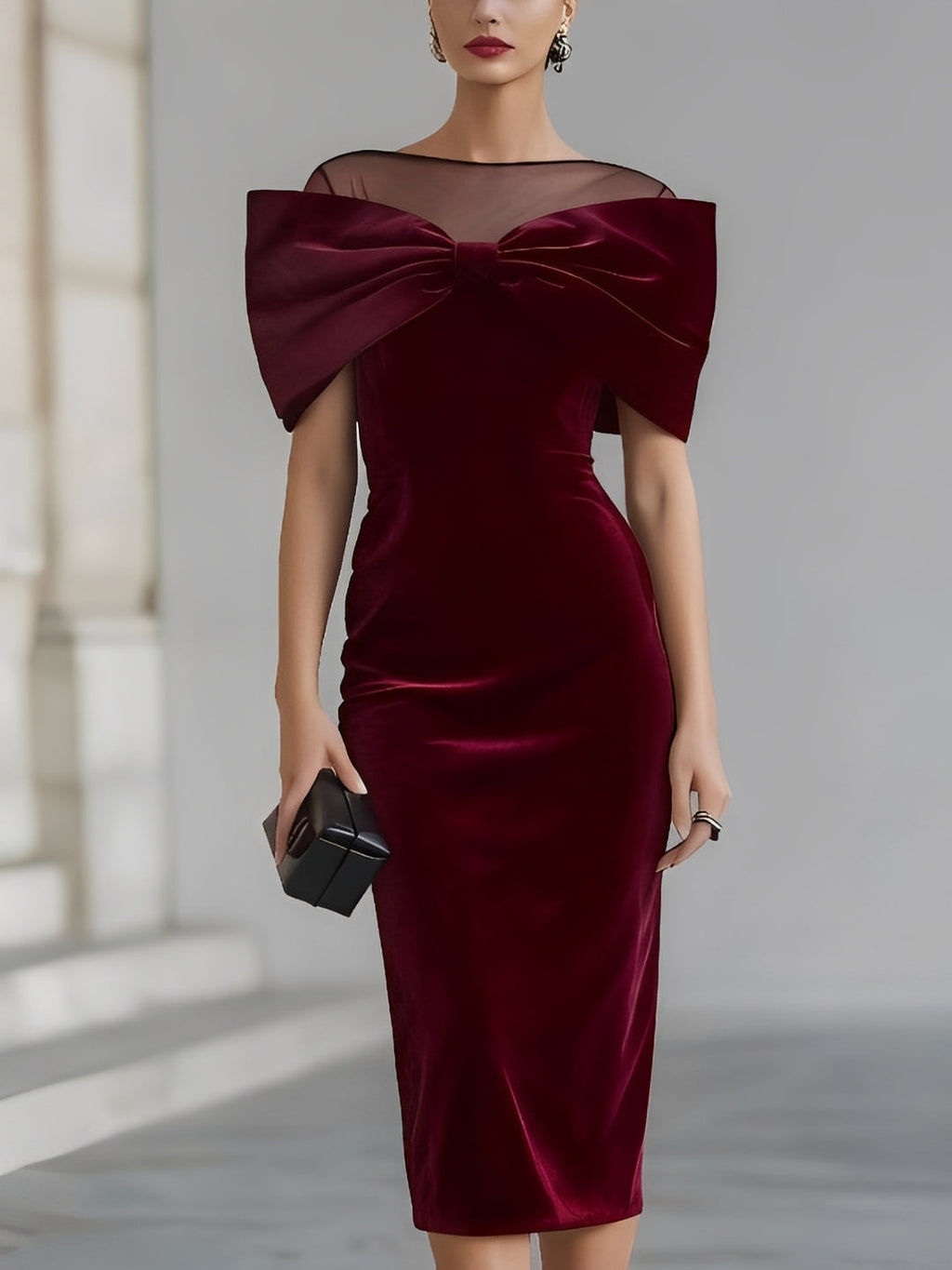 Vestido midi de terciopelo burdeos con lazo