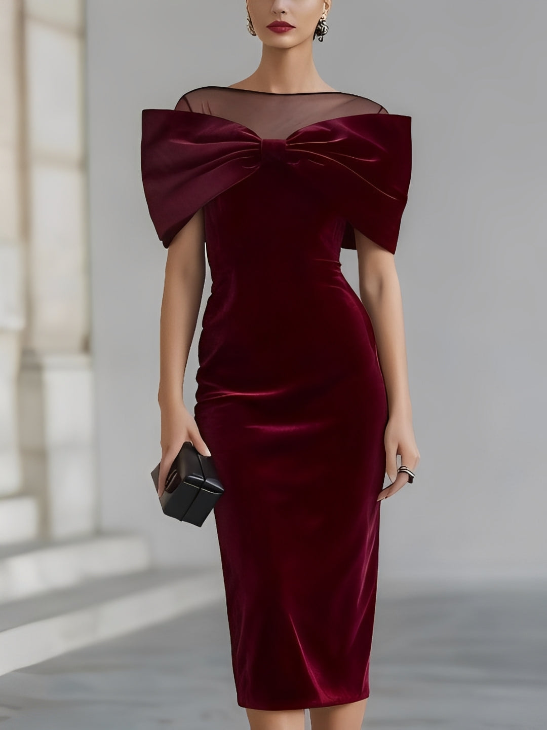Vestido midi de terciopelo burdeos con lazo