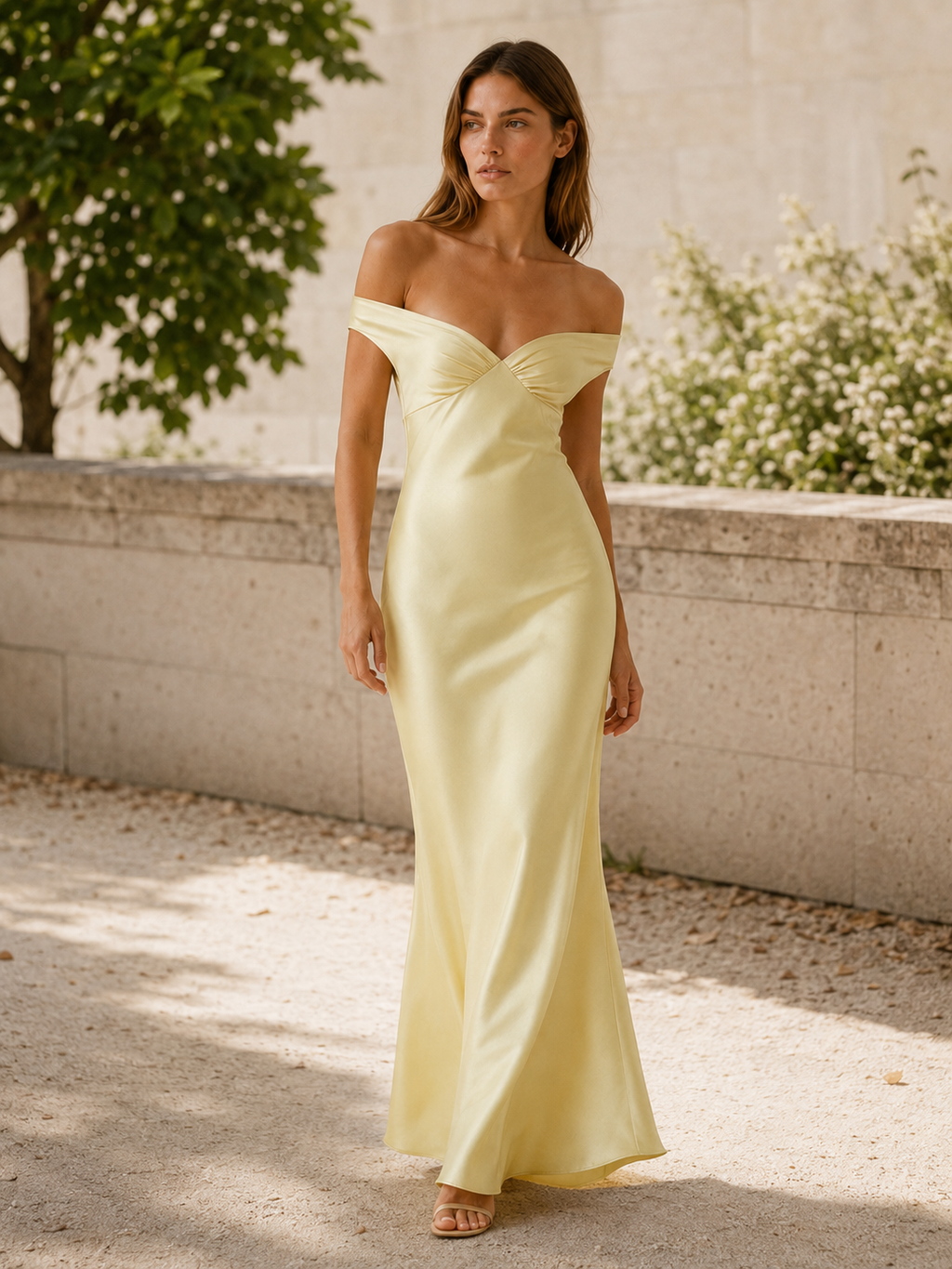 Vestido largo con hombros descubiertos y cuerpo entallado