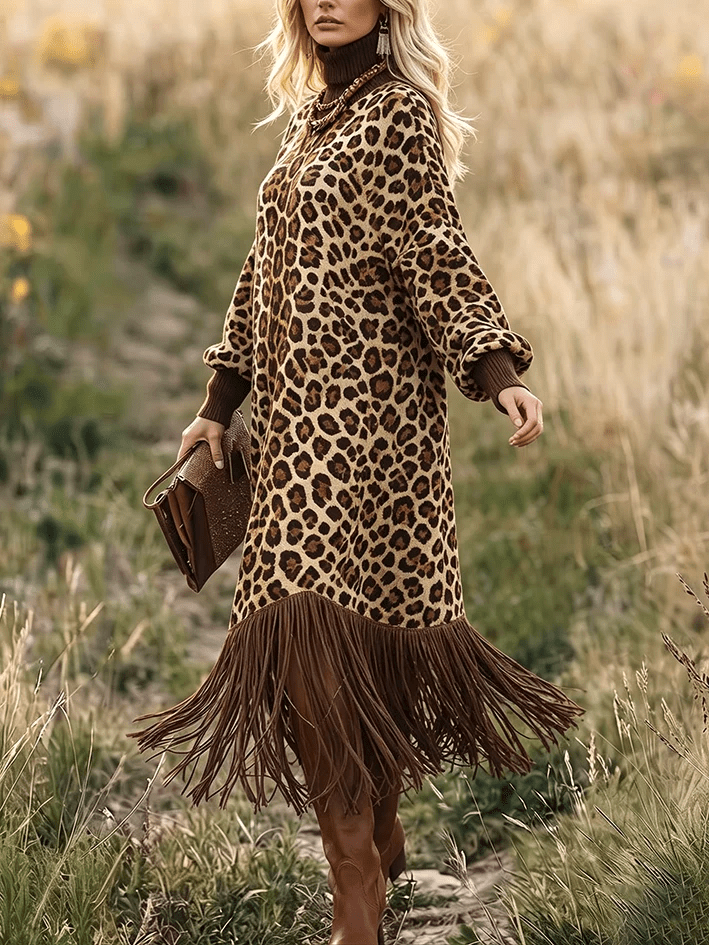 Vestido midi de leopardo con flecos