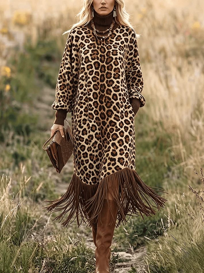 Vestido midi de leopardo con flecos